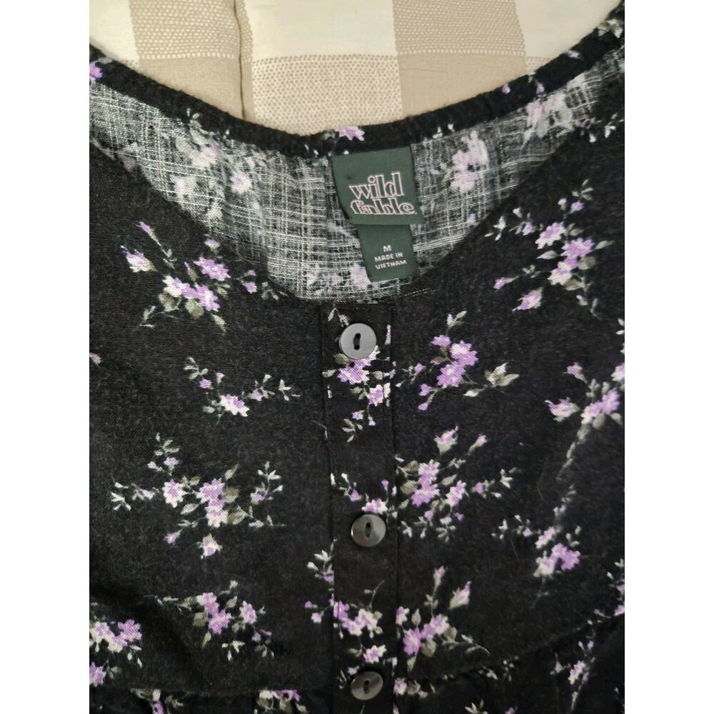 Size M Wild Fable Black Mini Flare Dress Purple Floral Button Front Puff Sleeve - Picture 3 of 4